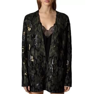B45 Zadig & Voltaire Addison Camo Sequin Wool Cardigan XS Parisian Chic Rock